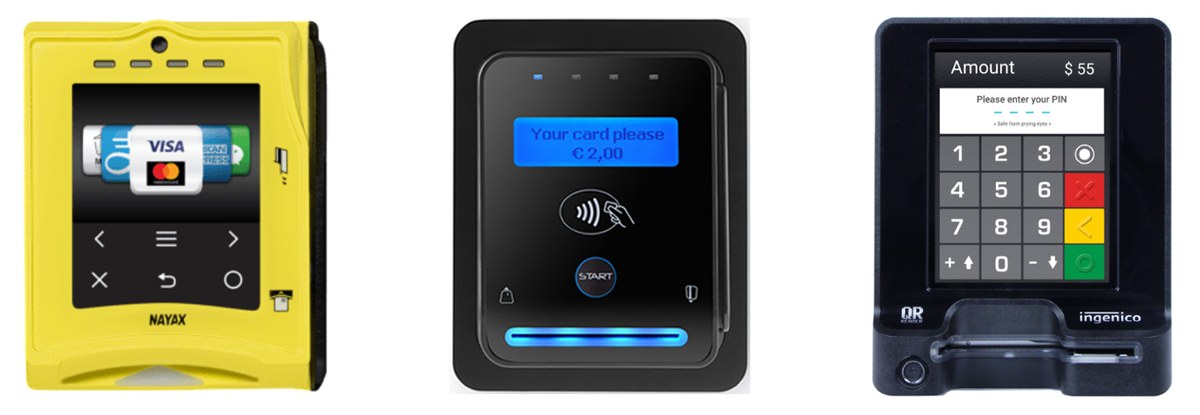 Trois exemples de terminaux de paiement intégrés aux bornes de recharge, dont un modèle Nayax et un modèle Ingenico