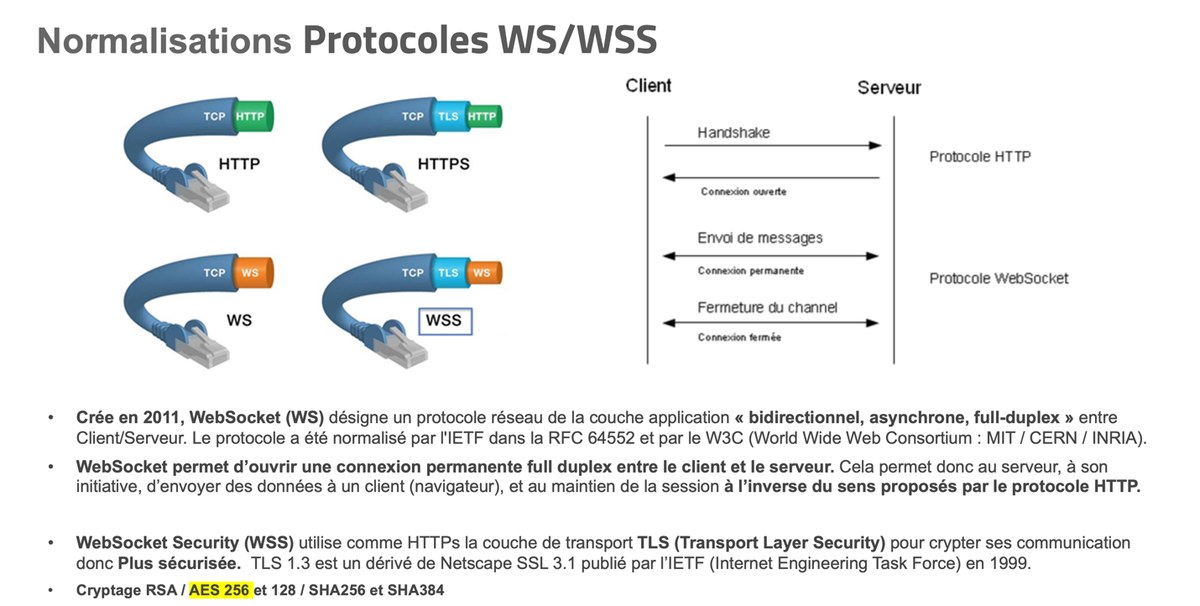 Normalisation des protocoles HTTP, HTTPS, WS et WSS : handshake HTTP puis connexion permanente WebSocket